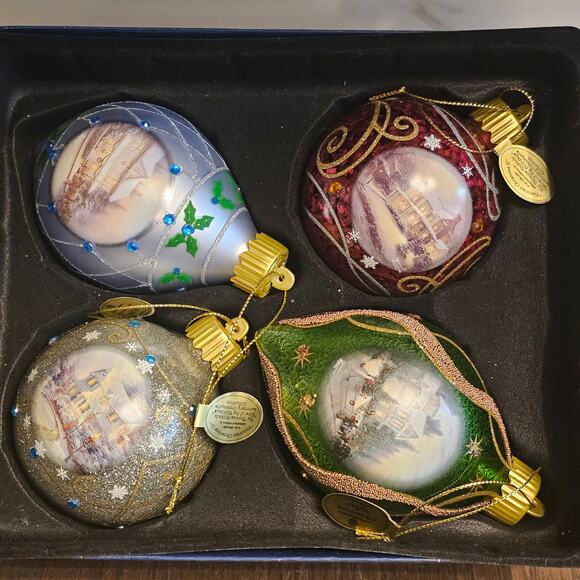 THOMAS KINKADE Bradford Exchange Lighted Ornaments Set of 4 Boxed - Picture 3 of 3